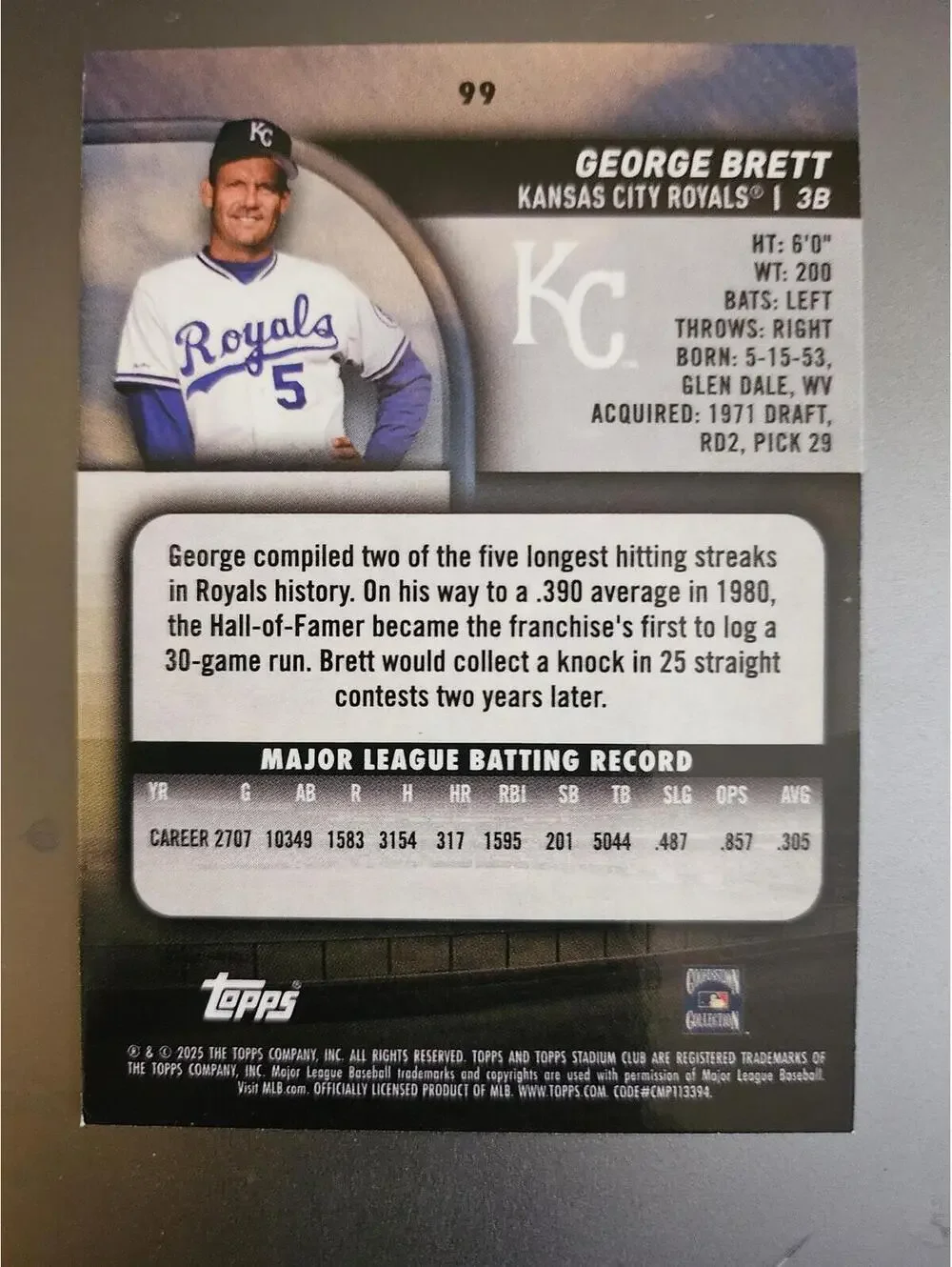 George Brett 2025 Stadium Club Light Blue insert #99 Kansas City Royals